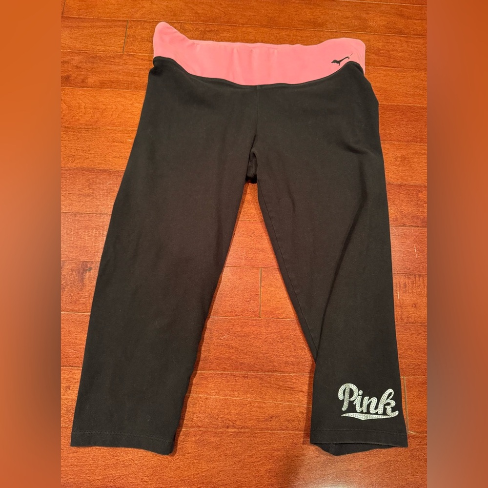 PINK by Victorias Secret Bling Sequin leg Cropped Black and Pink Yoga Pants.